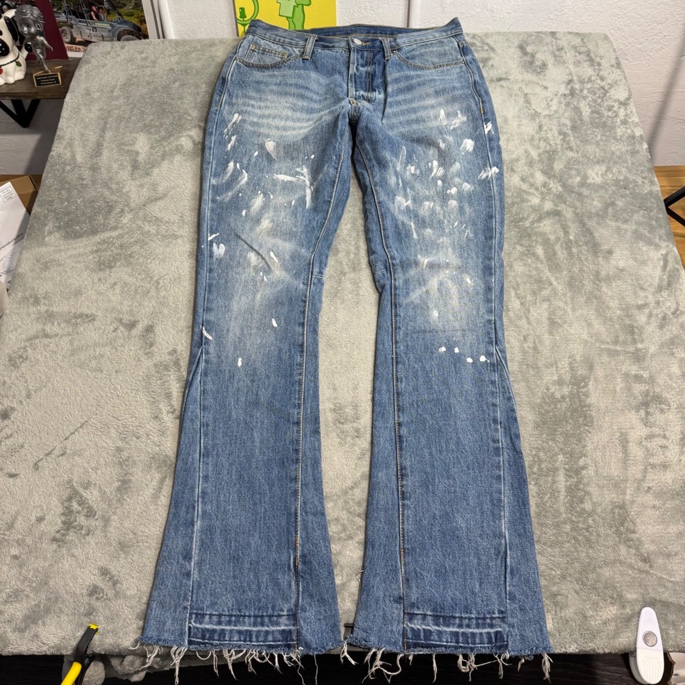 Mnml Mens Blue Splattered Flare Leg Denim Jeans Raw Hem Sz 31 Grunge Streetwear